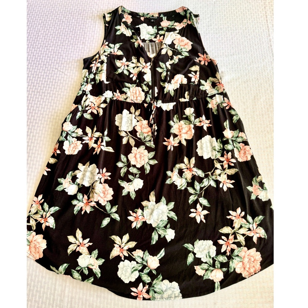 Torrid Floral Mini Dress Womens 1 Black Pink Sleeveless Zip Pocket Cottagecore